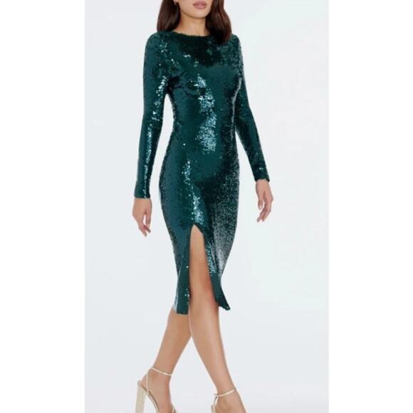 DRESS THE POPULATION Natalie Midi Dress Deep Emerald Green Sequin Size M NWT - Picture 2 of 9